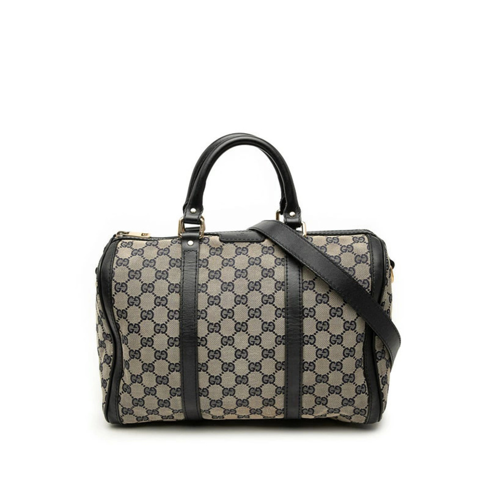 Gucci GG Canvas Boston Bag Handbag Shoulder Beige Cream Navy Blue Leather
